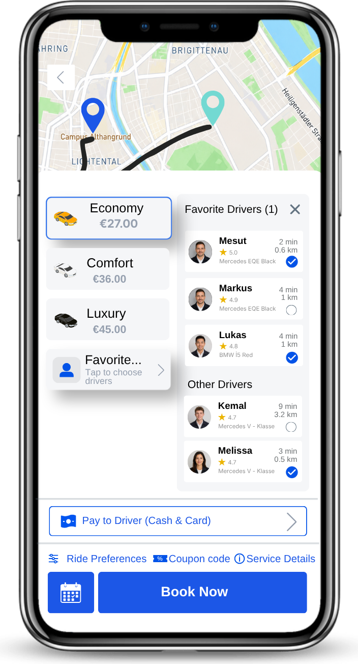 GetYol app on iPhone: choose Economy, Comfort or Luxury and pick your favorite drivers in Vienna